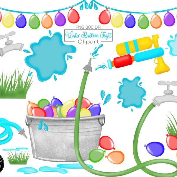 Water Balloon Clipart, lets Get Soaked, Water fight, Pool Party Clipart, Water Splashes, Super Soaker, Birthday Balloon Clipart, Water