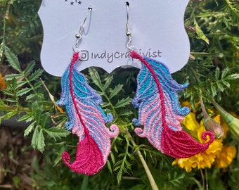 Made to Order Handmade Freestanding Lace Embroidered Feather Earrings