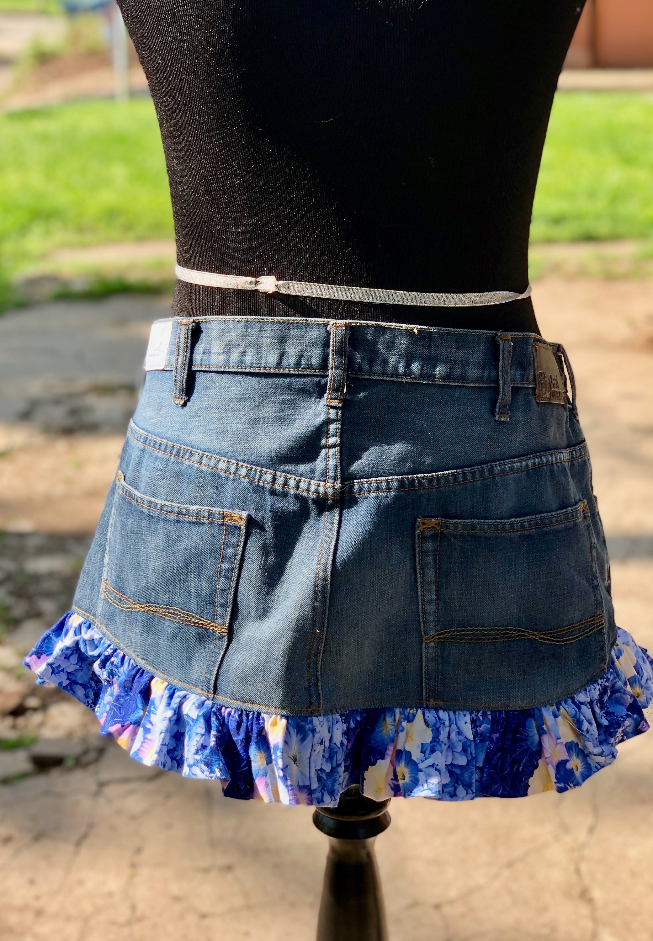 Upcycled Denim Skirt with Floral Ruffle Etsy