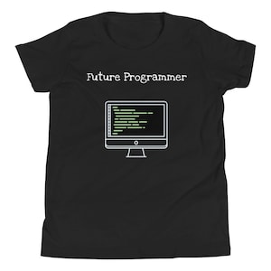 May include: Black youth t-shirt with white text that reads "Future Programmer" and a white outline of a computer monitor with green code on the screen.