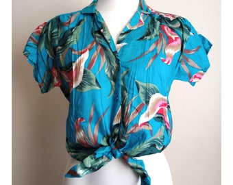 Vintage Sure Thing Button Front Cropped Top Tie Waist Blue Tropical Short Sleeve Small