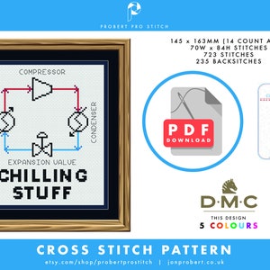 Op de afbeelding: Een kruissteekpatroon voor een koelcyclusdiagram met de tekst "CHILLING STUFF". Het patroon is 70 steken breed en 84 steken hoog en gebruikt 5 kleuren. Het patroon is beschikbaar als PDF-download.