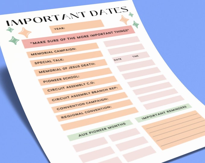 JW Printable Planner, Jehovah's Witnesses, Important Dates, JW ...