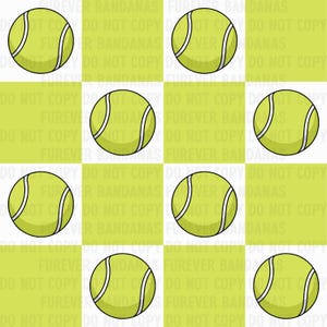 May include: A repeating pattern of lime green tennis balls on a checkered background of white and lime green squares. The text "DO NOT COPY FUREVER BANDANAS" is overlaid across the entire image in a repeating, semi-transparent white font.