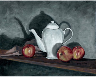 Teatime: Porcelain Teapot with Apples, Signed Giclée Print of Original Oil Painting by Glory Paulson