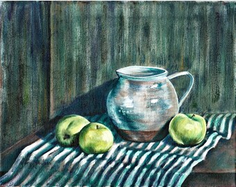 Glazed Pottery with Green Apples, Signed Giclée Print of Original Oil Painting by Glory Paulson