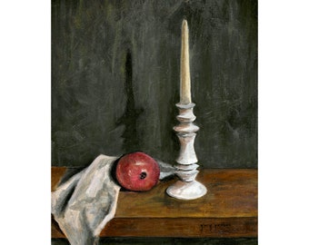 Still Life Tapered Candle and Pomegranate, Signed Fine Art Giclée Print of Original Oil Painting by Glory Paulson