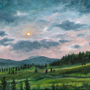 Heading West at Sunset and Moonrise (Colorado Art), Signed Fine Art Print of Original Oil Painting by Glory Paulson