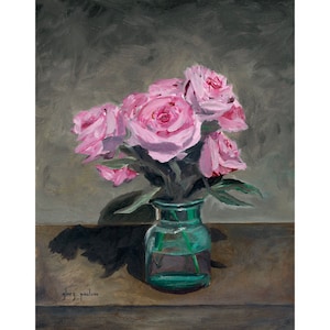 Pink Roses in Vintage Mason Jar, Signed Fine Art Print of Original Oil Painting by Glory Paulson