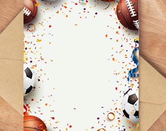 Sports Party Invitation Background Template Printable DIY Blank Center Invite – Soccer, Basketball, Football Birthday Party Digital Download