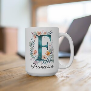 Taza con monograma de la letra F: taza de cerámica personalizada para café o té, vajilla con alfabeto inicial personalizado, regalo para ella, regalo de cumpleaños