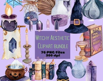 Witchy Halloween Clipart Set – 78 PNGs, 300 DPI, Crystals, Cauldrons, Potions & Magic Elements, Boho Watercolor Clip Art