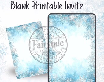 Blue Silver Snowflake Invitation Template | 5x7 Blank Invite | Winter Printable Template | DIY Editable Invitation | Elegant Frozen Snow