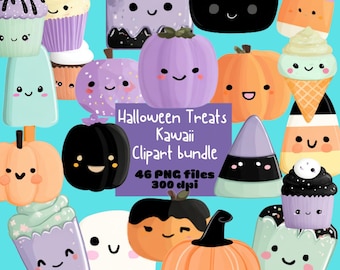 Halloween Treats Clipart – 46 PNGs, 300 DPI, Candy Corn, Cupcakes & Cookies, Kawaii Sticker Clip Art Set