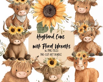Highland Cow Clipart Bundle – Watercolor Baby Cows with Floral Crowns – Farmhouse PNG Set for Sublimation & Nursery Art