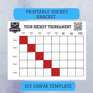 May include: A printable hockey bracket template with the text "Printable Hockey Bracket" and "Your Hockey Tournament". The bracket includes spaces for five teams, with columns for goals for, goals against, and points. The design features a hockey logo and a QR code.