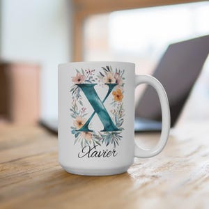 Taza con monograma de la letra X: taza de cerámica personalizada para café o té, vajilla con alfabeto inicial personalizado, regalo para ella, regalo de cumpleaños