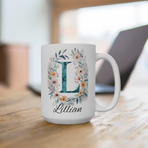 Caneca com letra L do monograma - xícara de cerâmica personalizada para café ou chá, utensílios para bebidas com alfabeto inicial personalizado, presente para ela, presente de aniversário,