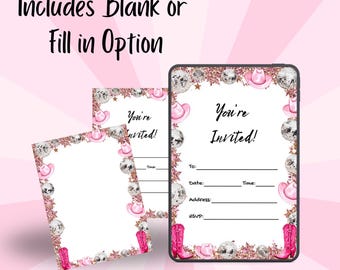 Disco Cowgirl Party Bachelorette Invitation Template – 5x7 DIY Printable PNG + Canva PDF – Blank & Fill-In Versions