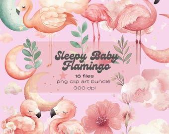 Watercolor Sleepy Baby Flamingo Clipart Bundle | 16 PNG Cute Pink Flamingo Graphics | Nursery Animal Clip Art | Baby Shower Sublimation