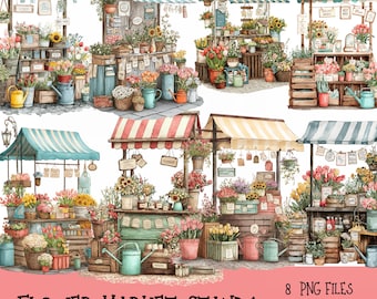 Flower Market Stand Clipart Set – 8 Whimsical PNGs, Watercolor Florals & Rustic Crates, Transparent Background