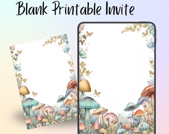 Fairy Garden Baby Shower Invitation Template | 5x7" Blank Printable Invite | Whimsical Watercolor Mushrooms & Butterflies DIY Editable Card