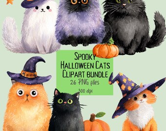 Spooky Watercolor Halloween Cats Clipart – Black Cats with Pumpkins, Ghosts & Witches Hats – Digital 26 PNG Bundle 300dpi