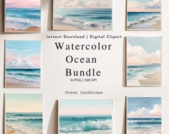 Watercolor Ocean Scenery Clipart Bundle 16 Ocean Landscapes PNGs Boho Aesthetic Watercolor | 300 DPI PNG