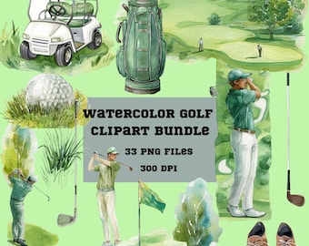 Watercolor Golf Clipart PNG Bundle – 33 Golf Elements, 300 DPI Sports Clip Art for Invitations, Sublimation & Crafts