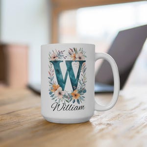 Taza con monograma de la letra W: taza de cerámica personalizada para café o té, vajilla con alfabeto inicial personalizado, regalo para ella, regalo de cumpleaños