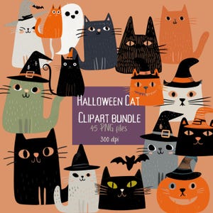 Może przedstawiać: Kolekcja kreskówkowych kotów w różnych kolorach, niektóre w kapeluszach czarownic, z duchem i nietoperzem. Obraz zawiera tekst "Halloween Cat Clipart Bundle, 45 plików PNG, 300 dpi."