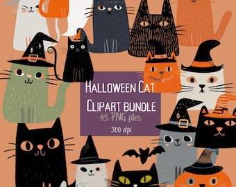 Minimal Halloween Cats Clipart – Flat Vector Cartoon Cats with Pumpkins, Ghosts & Bats – Digital 45 PNG Bundle