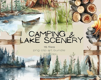 Serene Lake Camping Clip Art Set Bundle - 15 PNG Images for Scenery Designs