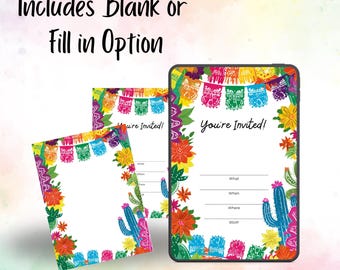 Fiesta Party Invitation Template – DIY Printable Cinco de Mayo or Taco Night Invite – Blank & Fill-In Versions – Digital Download