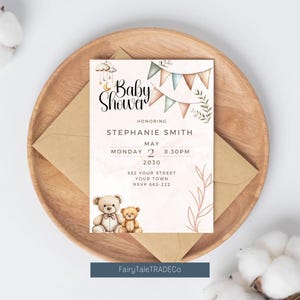 Boho Baby Shower Invitation Template, teddy bears Editable Canva Invite, Neutral Gender Reveal Card, Digital Instant Download