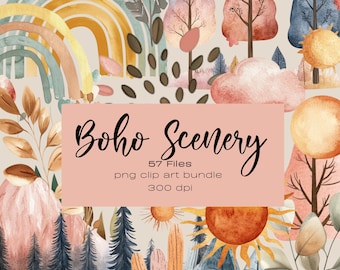 Dreamy Boho Watercolor Clipart Set - Celestial Sun, Lunar Moon, Serene Clouds, Scenic Mountains - Commercial Use Graphics Pack