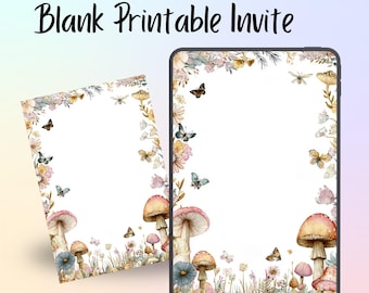 Fairy Garden Baby Shower Invitation Template | 5x7" Blank Printable Invite | Whimsical Watercolor Mushrooms & Butterflies DIY Editable Card