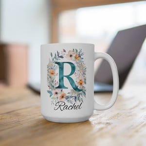 Taza con monograma de la letra R: taza de cerámica personalizada para café o té, vajilla con alfabeto inicial personalizado, regalo para ella, regalo de cumpleaños