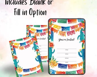 Fiesta Party Invitation Template – DIY Printable Cinco de Mayo or Taco Night Invite – Blank & Fill-In Versions – Digital Download