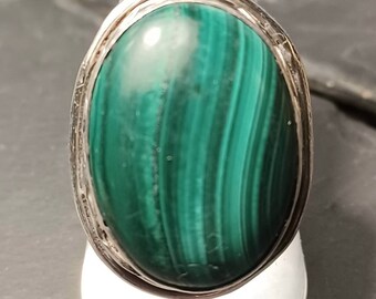 Anello vintage anni '70 rustico - Malachite ovale - Argento 800 punzonato, Misura anello UK P