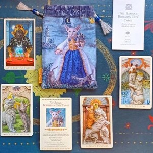 Raro panno dei tarocchi Baba Studio, tarocchi The Baroque Boho Cats, sfera di cristallo e supporto