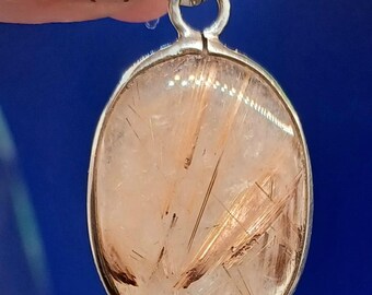 Vintage small Silver 925 Rutilated Quartz Crystal Oval Pendant