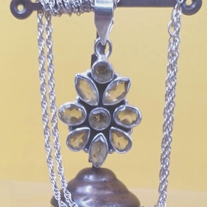 Vintage Silver 925 Citrine Flower Pendant and Silver Chain Yellow Flower Pendant