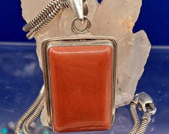 Vintage Silver 925 Red Jasper Oblong Pendant and Silver 925 Snake Chain