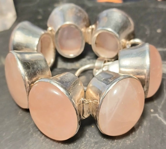 Bracciale ovale vintage in quarzo rosa in argento con marchio di fabbrica. Impressionante - Italia