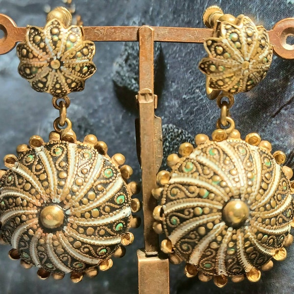 Vintage Damascene Earrings. Screw Backs (none pierced)Drop Dangle Ornate Domed Spanish Boho Gypsy style Brass Earrings