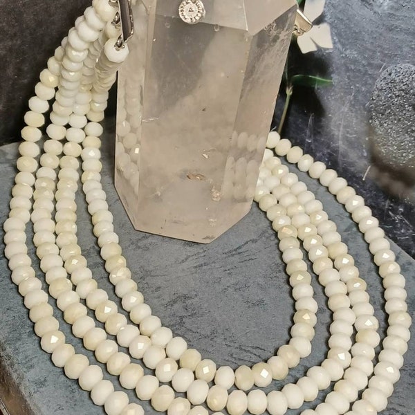 Vintage Butler & Wilson 4 strand faceted Rondelles Bead Necklace  Creamy White with Silver and  Gold flashes. B and W Tag and Original Box