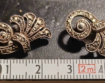 Boucles D'oreilles Clips Anciennes Vers 1930 - Marcassites Sur Métal Argenté, Style Vintage