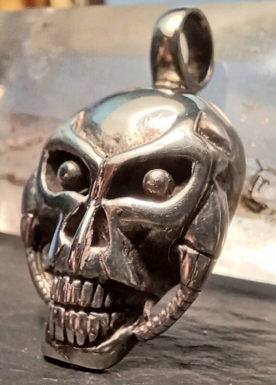 Rare Vintage Solid Silver Skull - Alien Pendant w… - image 6