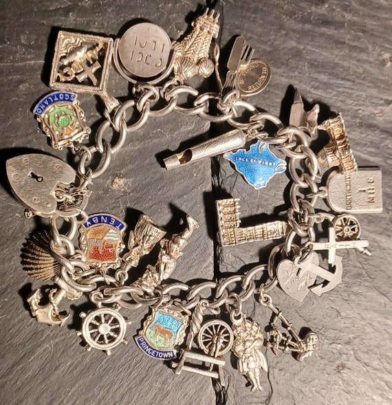 Vintage Solid 925 Charm Bracelet Sterling Silver 53.8g Padlock Charm Bracelet 18cm Rolo Link With 23 Quirky Sterling Silver Charms. Etsy